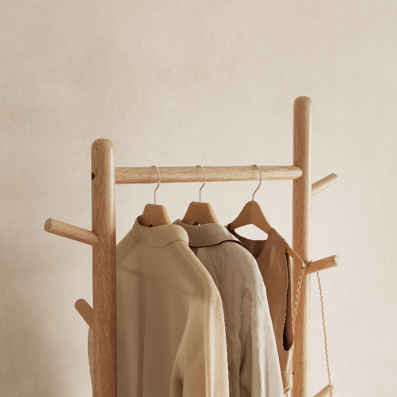 Solid Wood Coat Rack Stand with Laundry Hamper & Storage Shelf - Kaslandi Furniture
