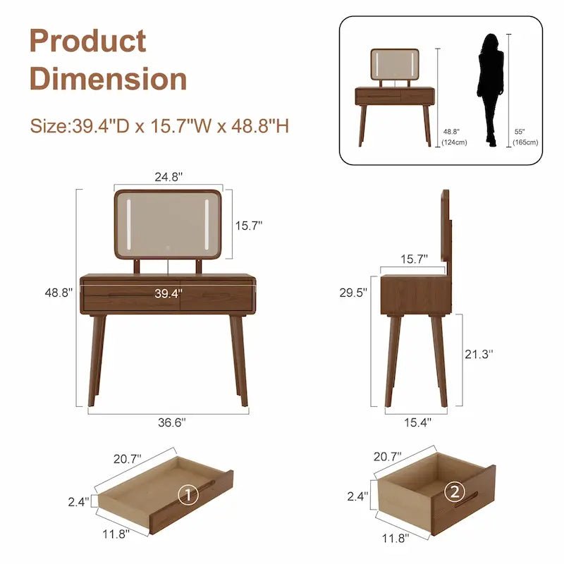 Solid Wood Vanity Desk with Detachable Lighted Mirror | Converts to Writing Desk - iKaslandi