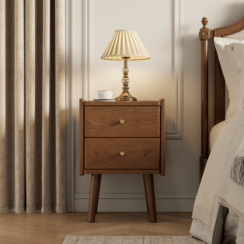 Solid Wood Nightstand 2 Drawer | Mid Century Bedside Table - Kaslandi Furniture