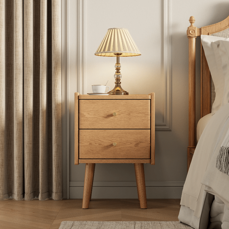 Solid Wood Nightstand 2 Drawer | Mid Century Bedside Table - Kaslandi Furniture