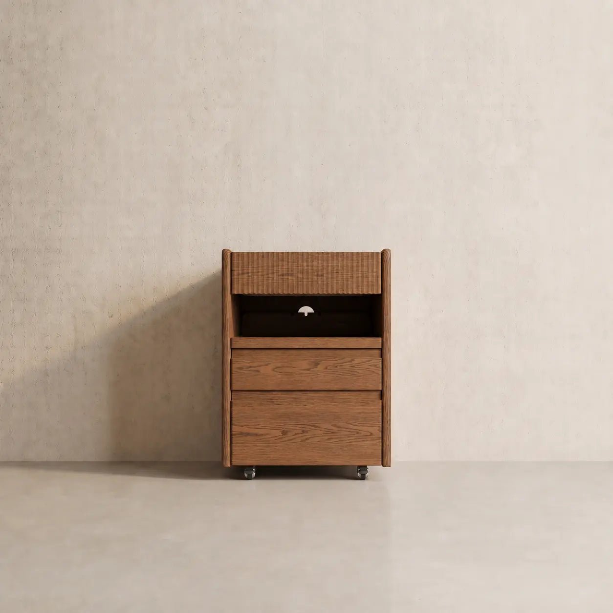 Solid Wood Nightstand with Wheels, Open Shelf & 3 Drawers - iKaslandi