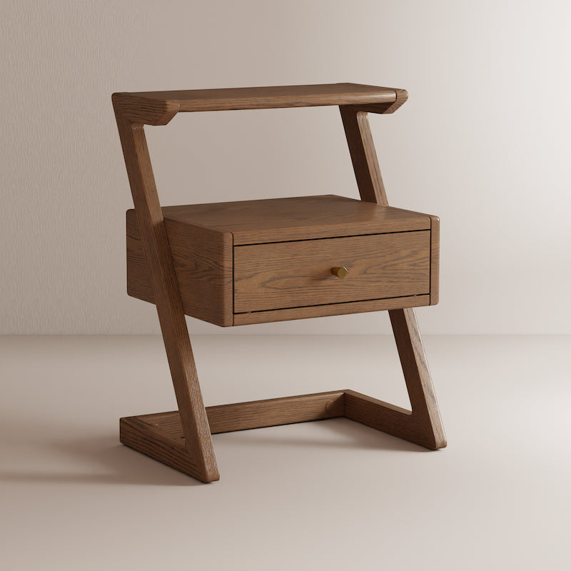 Wooden side table with a drawer on a beige background