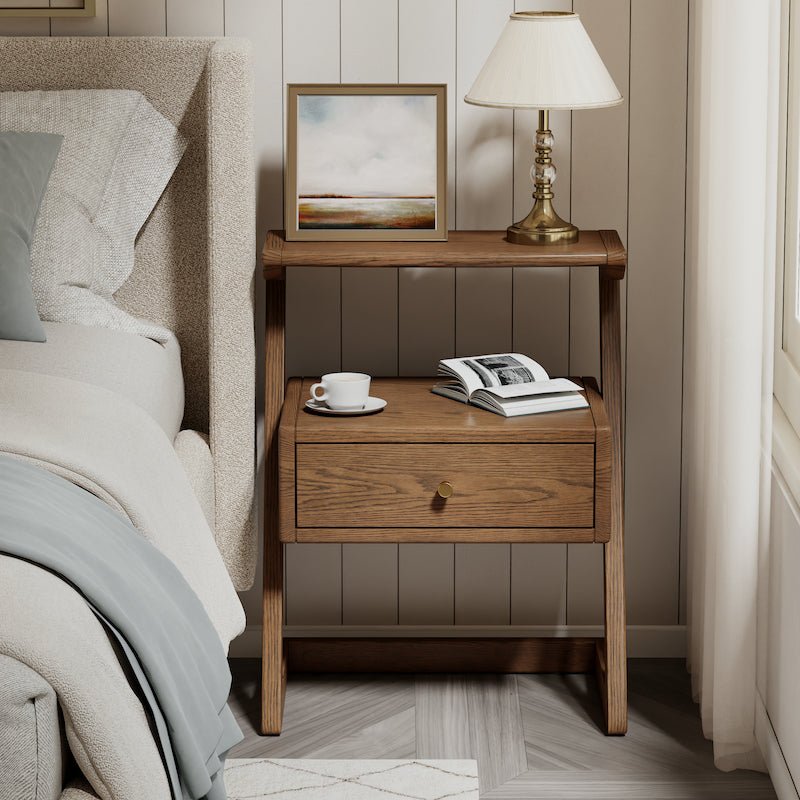 Solid Wood Z-Leg Nightstand with Drawer & Open Shelf - iKaslandi