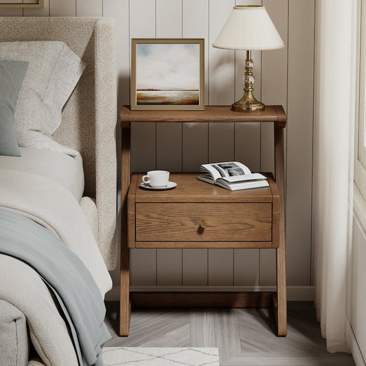 Solid Wood Z-Leg Nightstand with Drawer & Open Shelf - iKaslandi