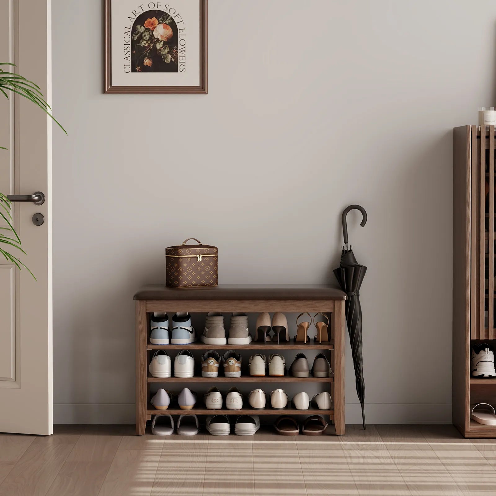 Wooden 3 - Tier Shoe Rack Bench with PU Leather Cushion - Kaslandi Furniture
