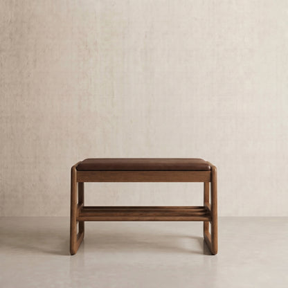 Brown 23.62-inch entryway bench with padded seat and shoe shelf