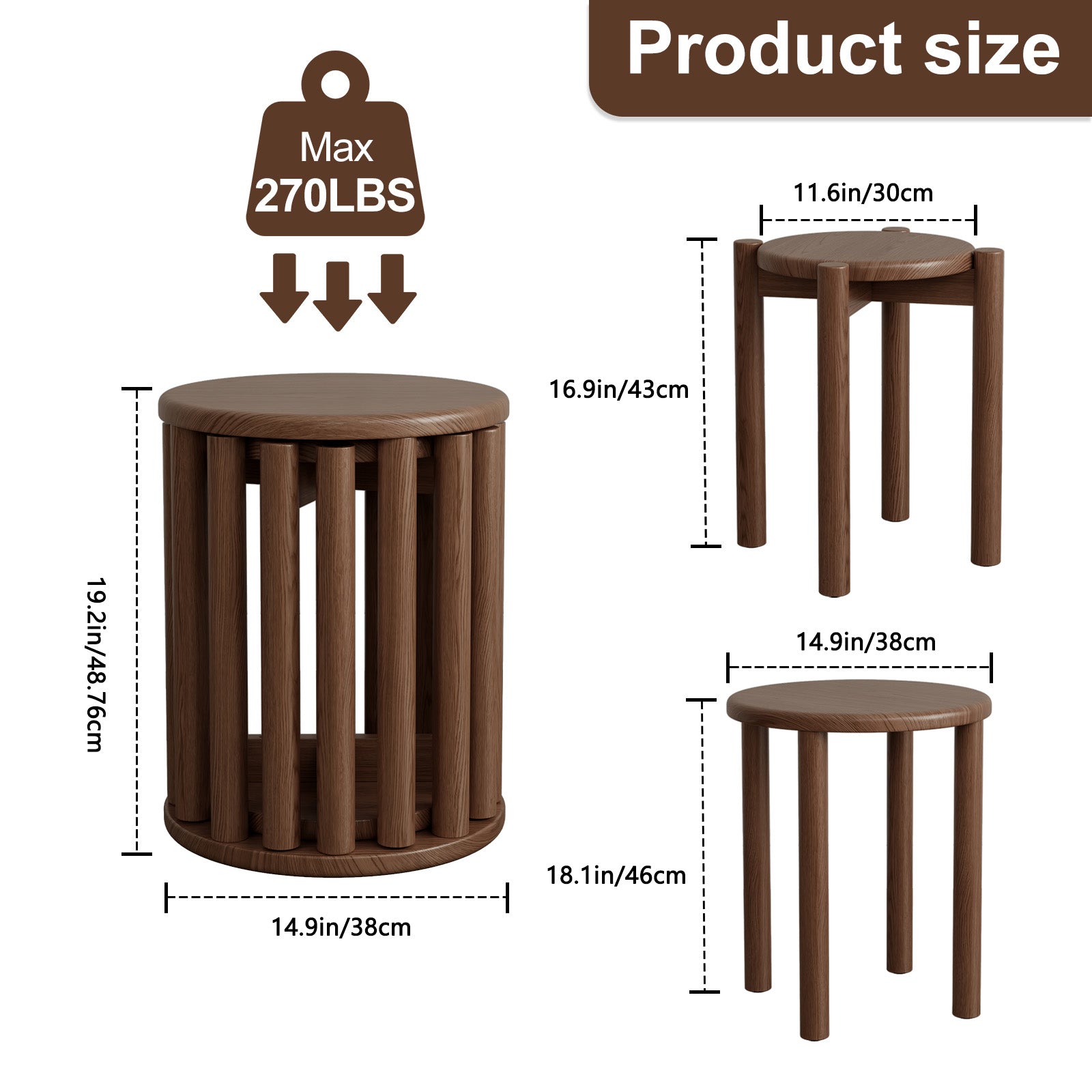 Wooden stools with measurements and weight capacity on a white background