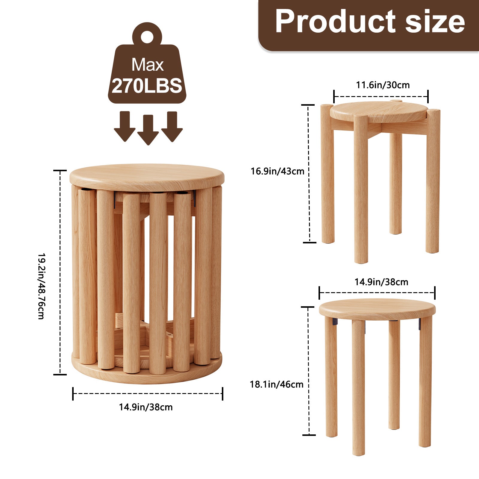 Set of 4 Stackable Solid Wood Multifunctional Round Stools