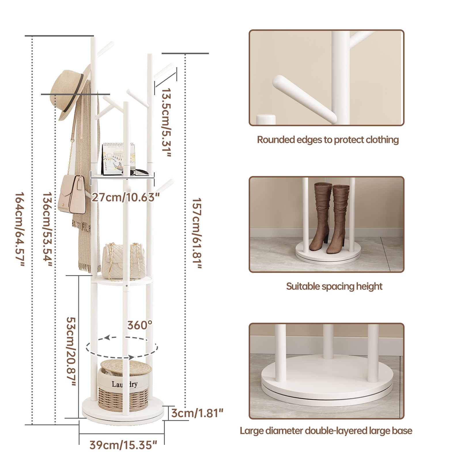 Measurement chart of a white clothing rack with rounded edges, suitable spacing height, and large diameter base.