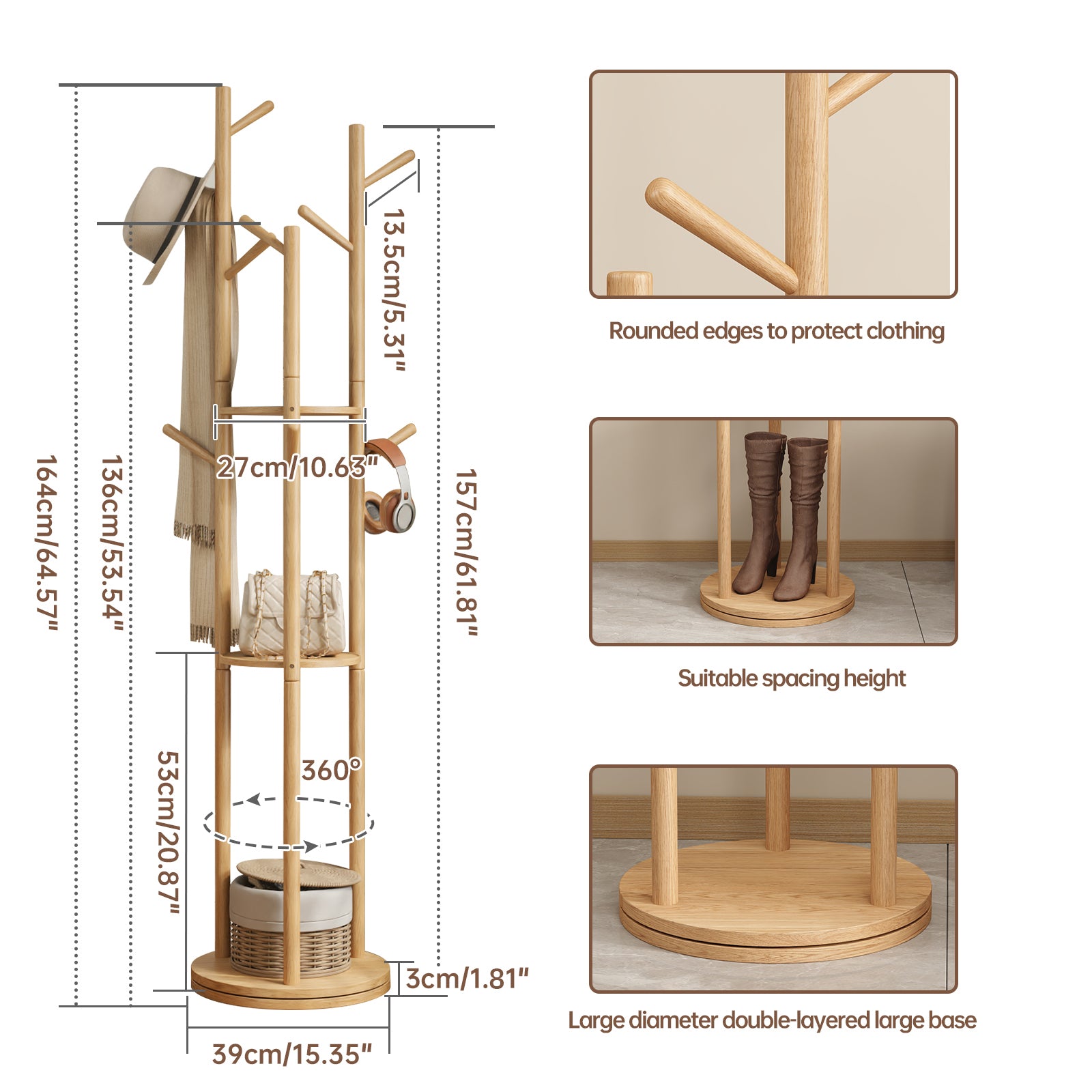 Wooden coat rack with dimensions and features on a white background