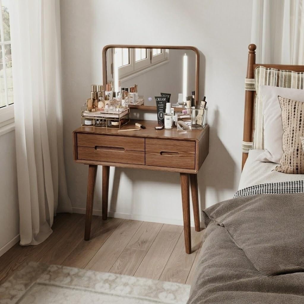 Solid Wood Vanity Desk with Detachable Lighted Mirror | Converts to Writing Desk - iKaslandi