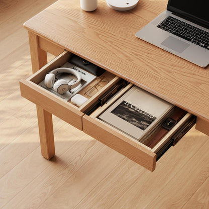 Solid Rubberwood Desk with 2 Drawers and Charging Station, Small Computer Desk - iKaslandi