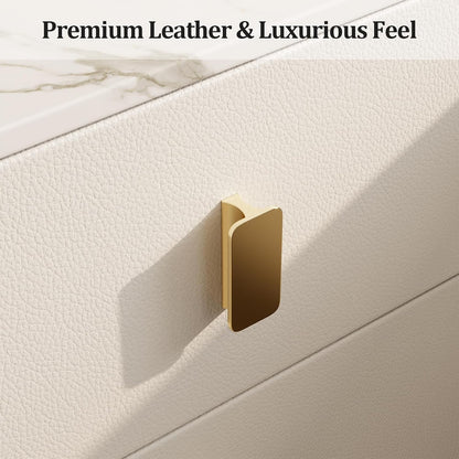 Narrow Bedside Table with 3 Drawers, Wood Frame and Leather Surface - iKaslandi