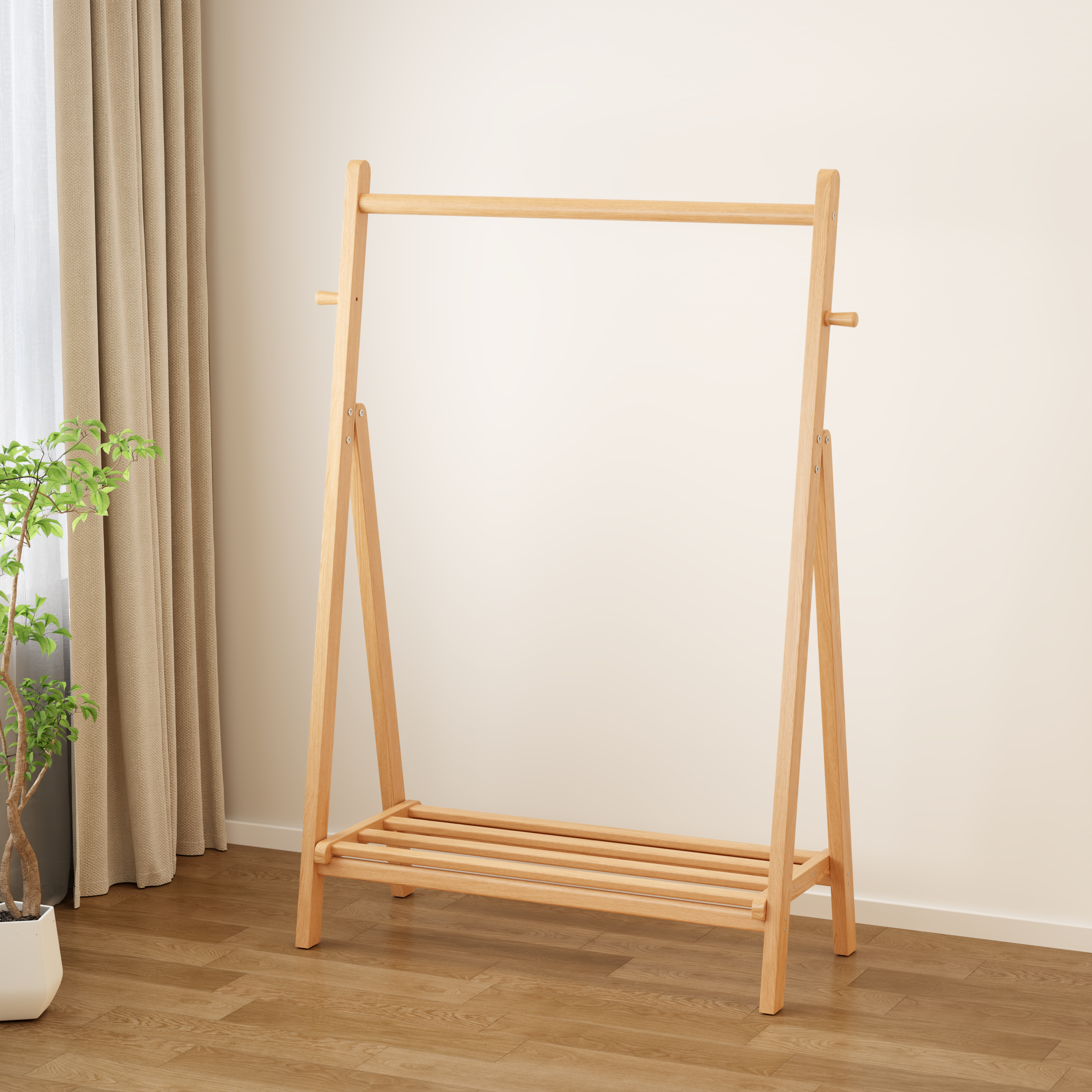 Solid Wood Rolling Clothes Rack with Shelves