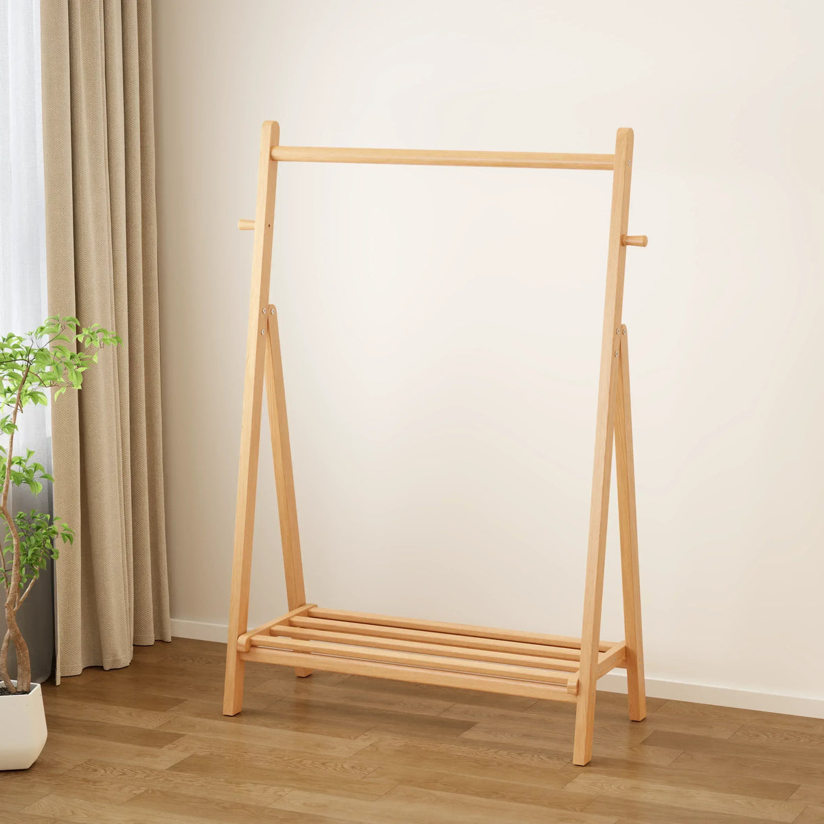 Solid Wood Rolling Clothes Rack with Shelves - Kaslandi Furniture