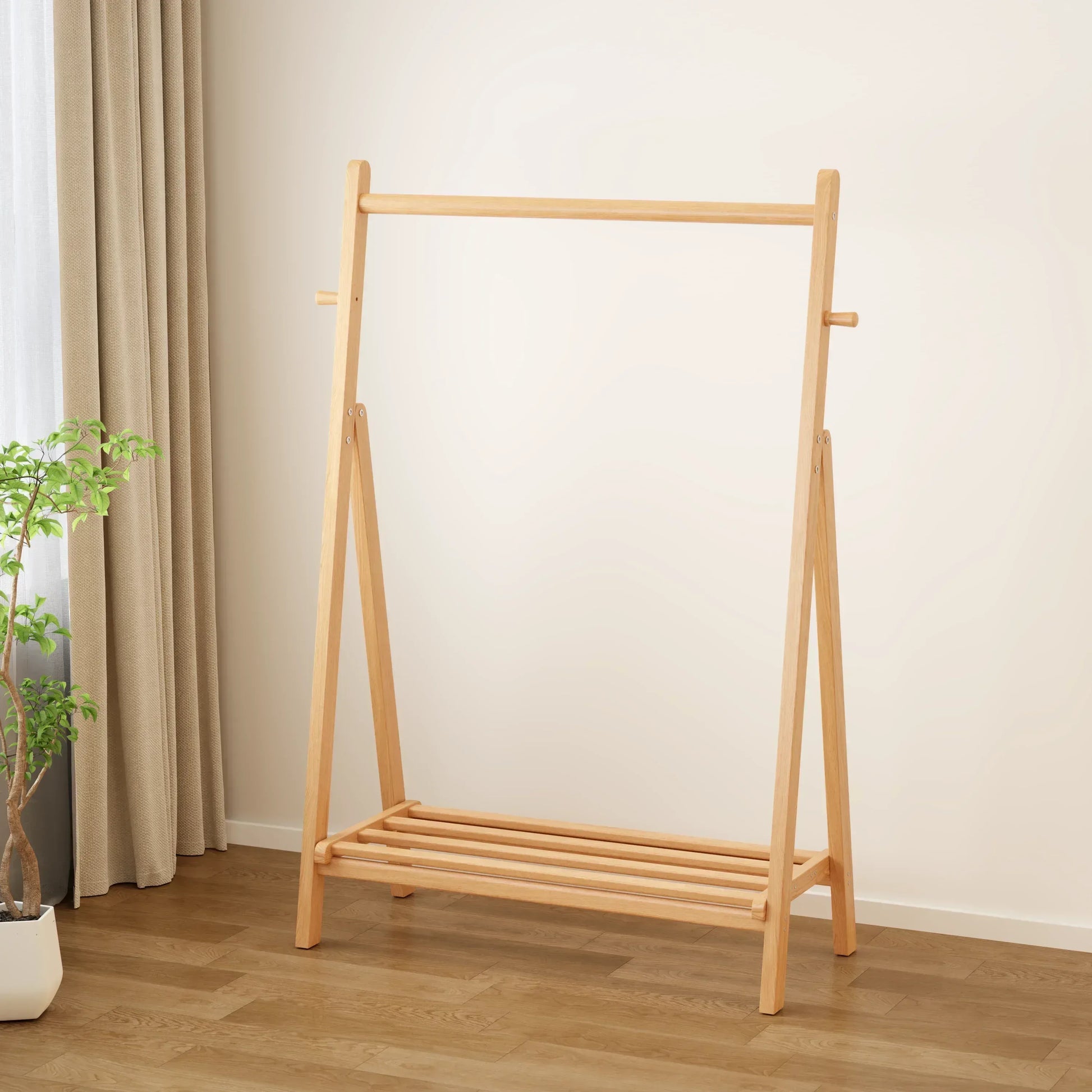 Solid Wood Rolling Clothes Rack with Shelves - Kaslandi Furniture