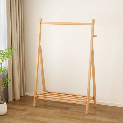 Solid Wood Rolling Clothes Rack with Shelves - Kaslandi Furniture