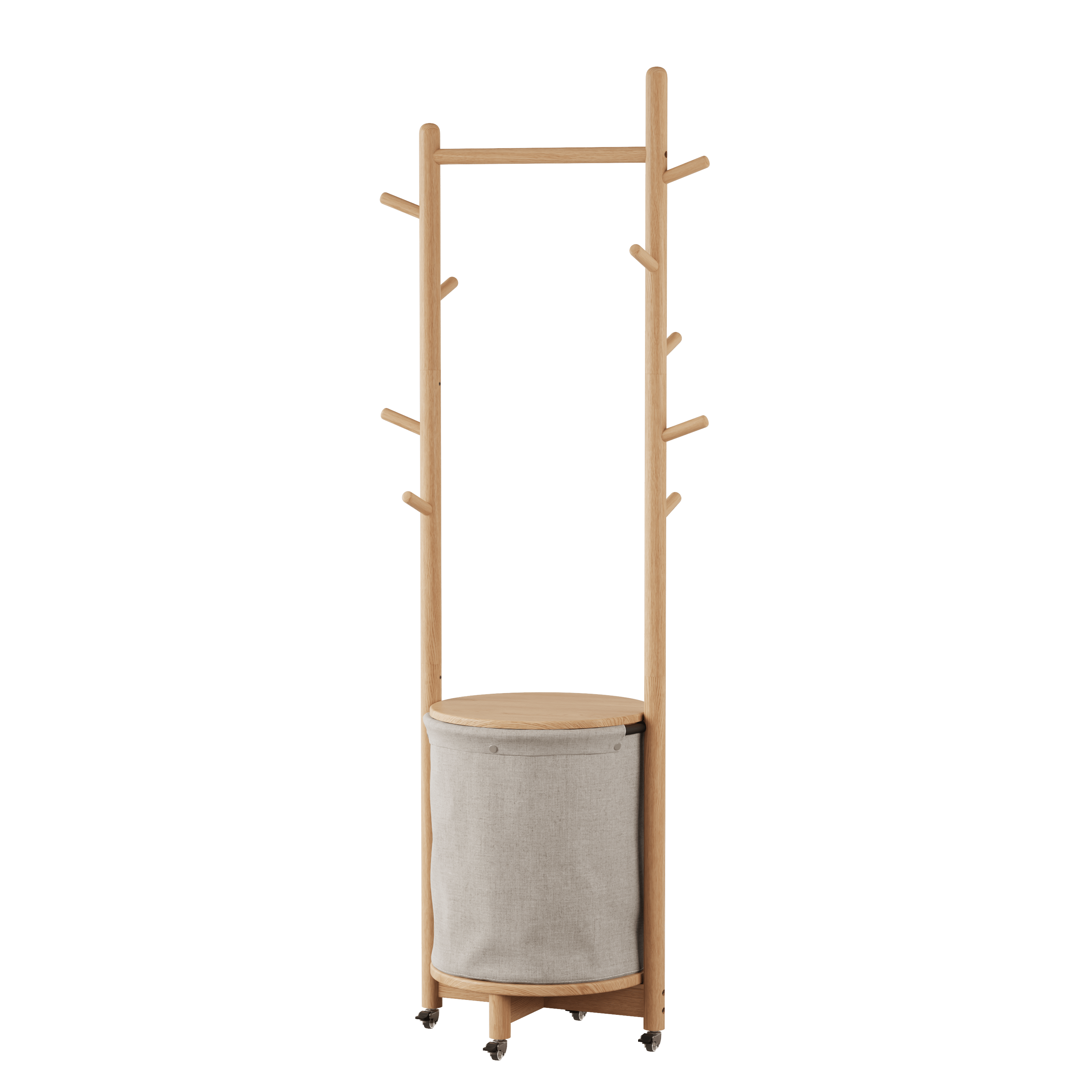 Solid Wood Coat Rack Stand with Laundry Hamper & Storage Shelf - Kaslandi Furniture