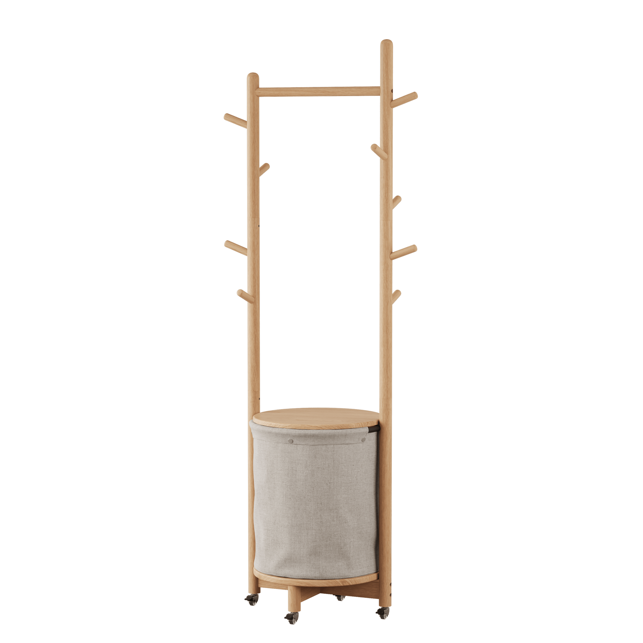 Solid Wood Coat Rack Stand with Laundry Hamper & Storage Shelf - Kaslandi Furniture
