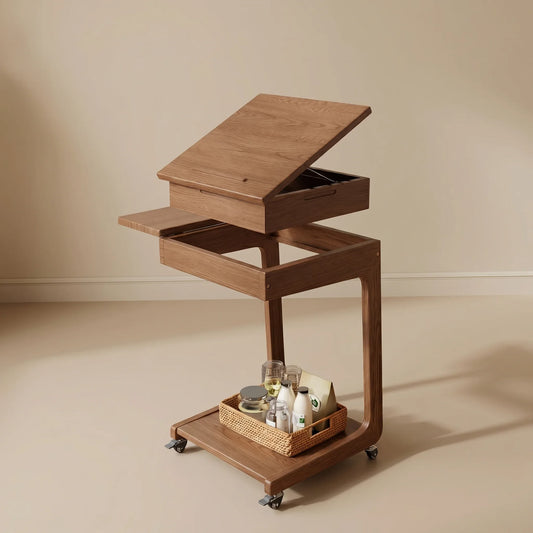 Solid Wood Rolling C - Shaped Side Table with Adjustable Top & Foldable Shelf - Kaslandi Furniture