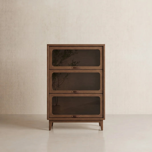 3 - Tier Solid Wood Bookcase with Flip - Up Glass Doors - Kaslandi Furniture