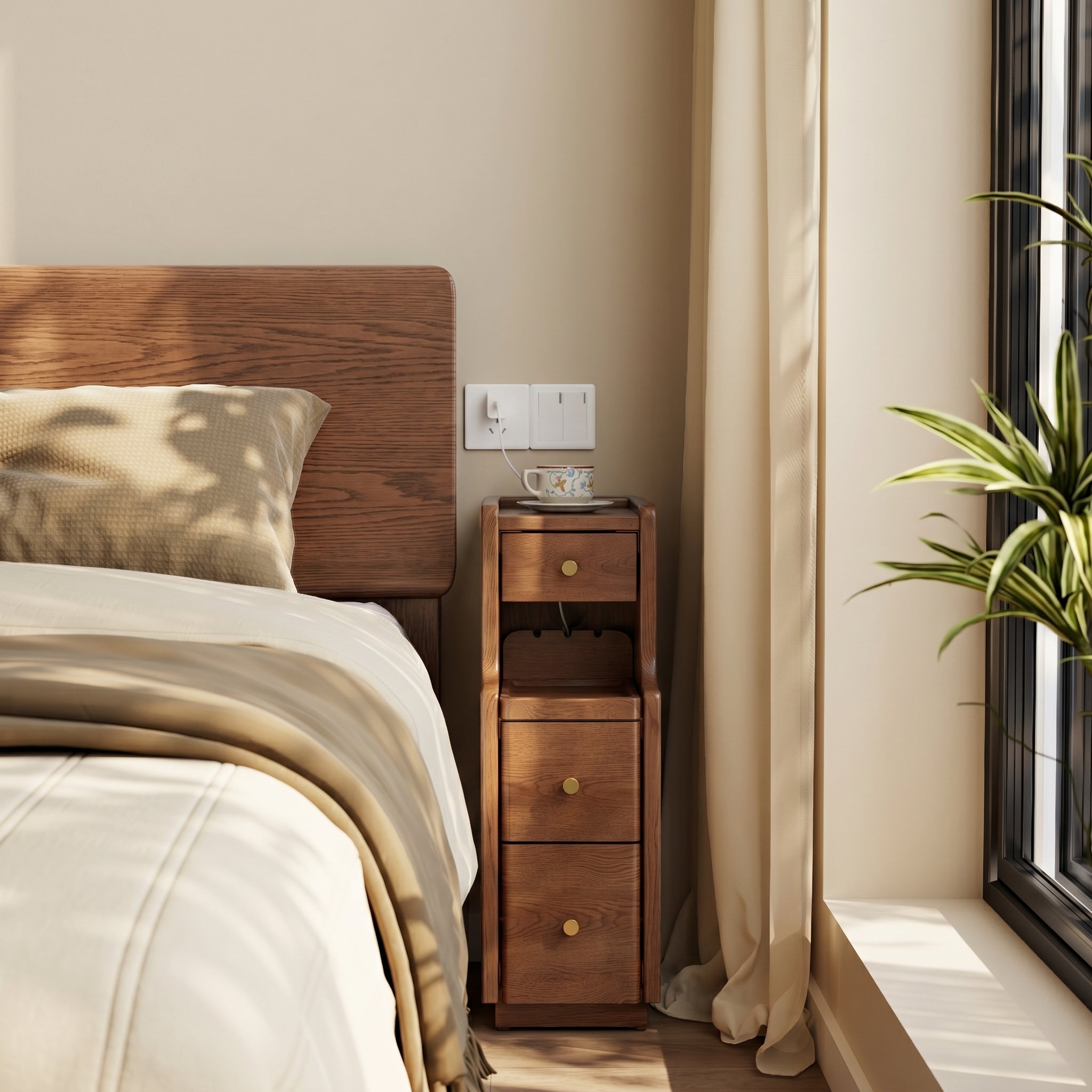 Solid Wood Minimalist Nightstand – 3 Drawers & Open Shelf, Classic Design