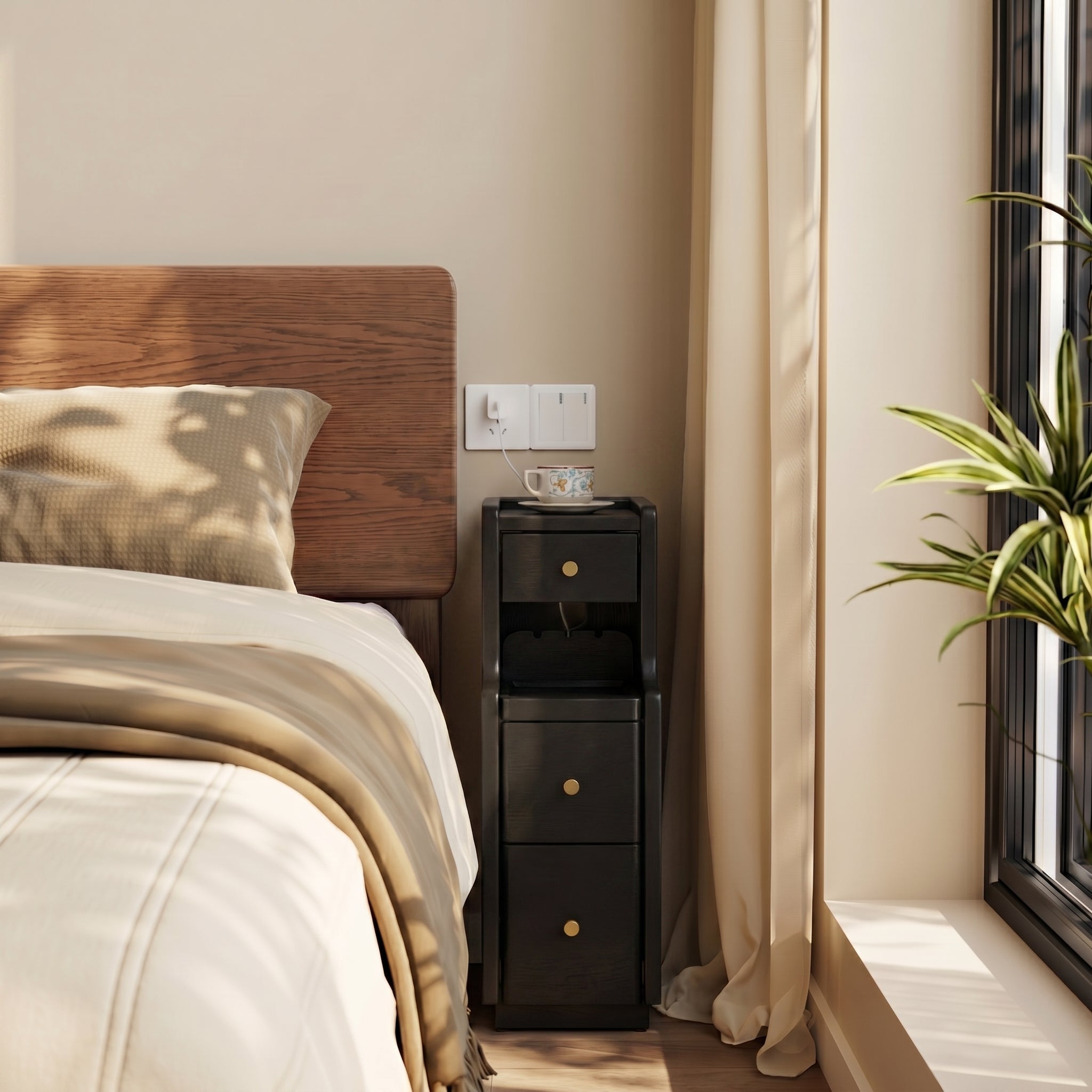 Solid Wood Minimalist Nightstand – 3 Drawers & Open Shelf, Classic Design