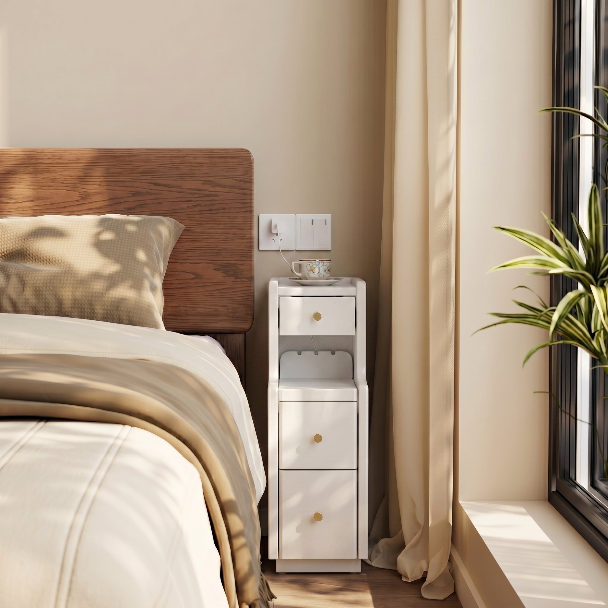 Solid Wood Minimalist Nightstand – 3 Drawers & Open Shelf, Classic Design