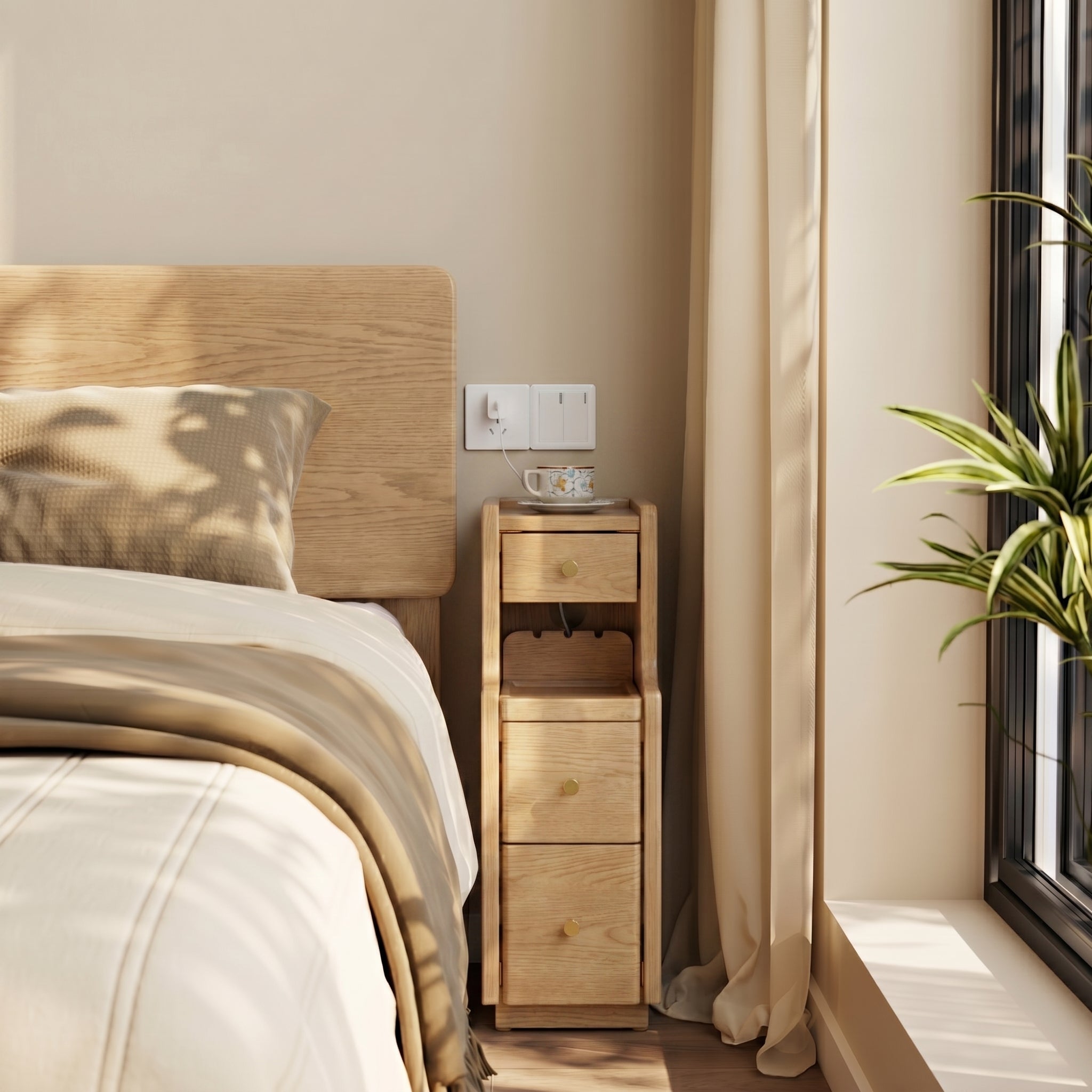 Solid Wood Minimalist Nightstand – 3 Drawers & Open Shelf, Classic Design