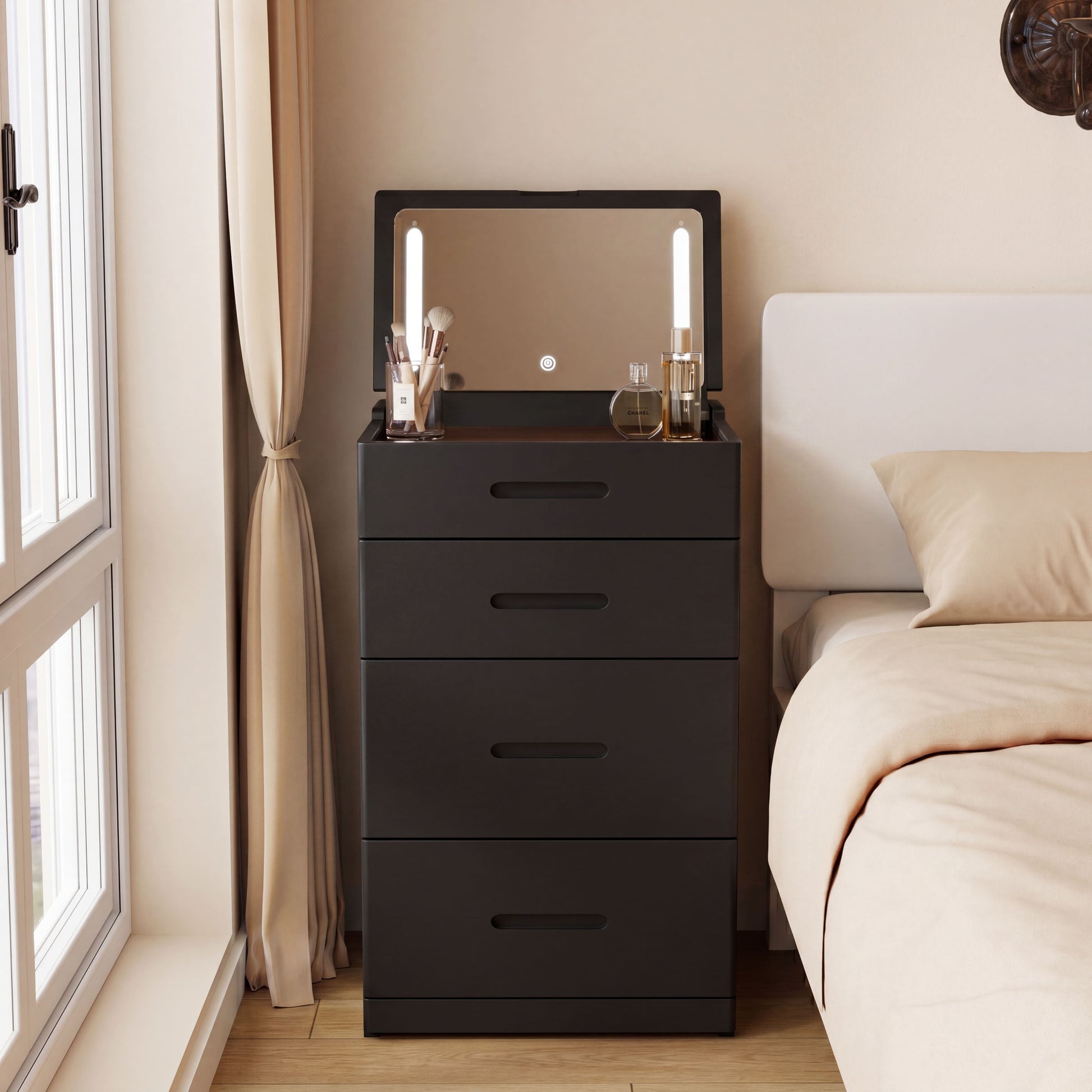 Solid Wood LED Vanity Desk with Chair, Space Saving Makeup Table - Kaslandi Furniture