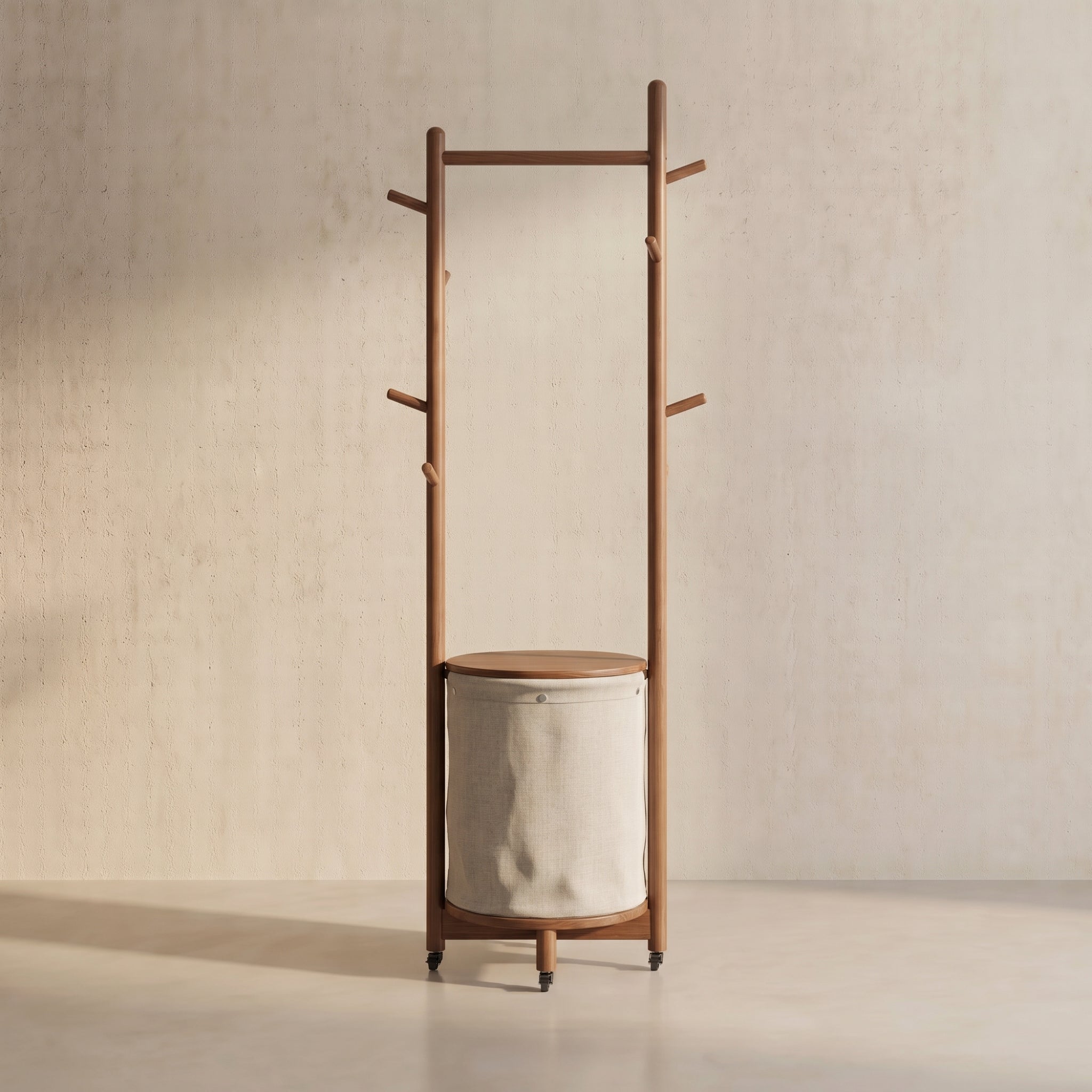 Solid Wood Coat Rack Stand with Laundry Hamper & Storage Shelf - Kaslandi Furniture