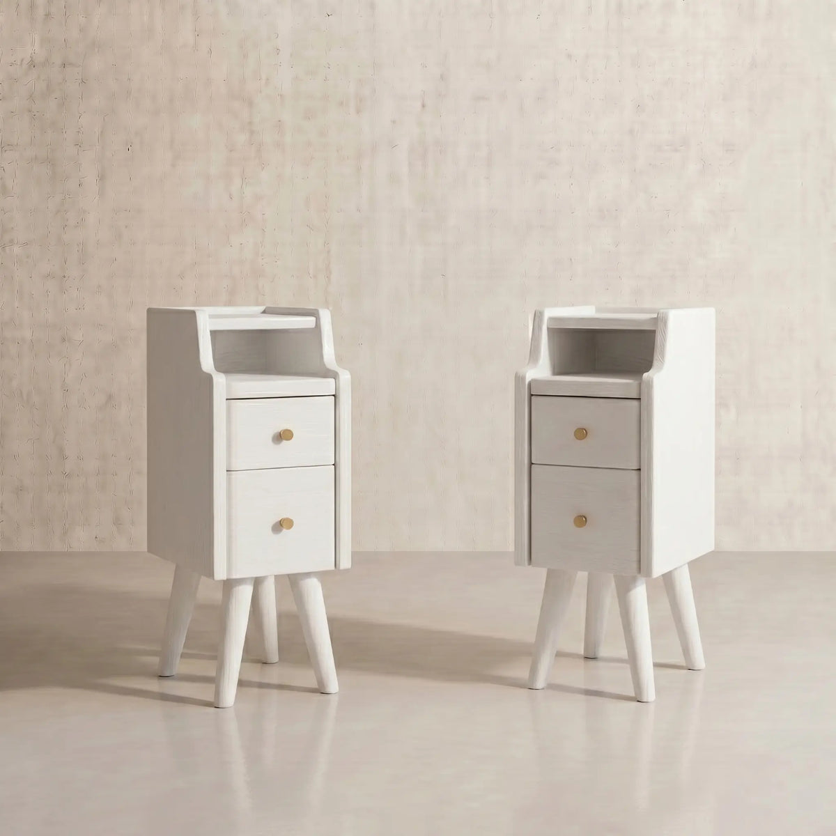 Pair of white narrow nightstands with open shelves and two drawers