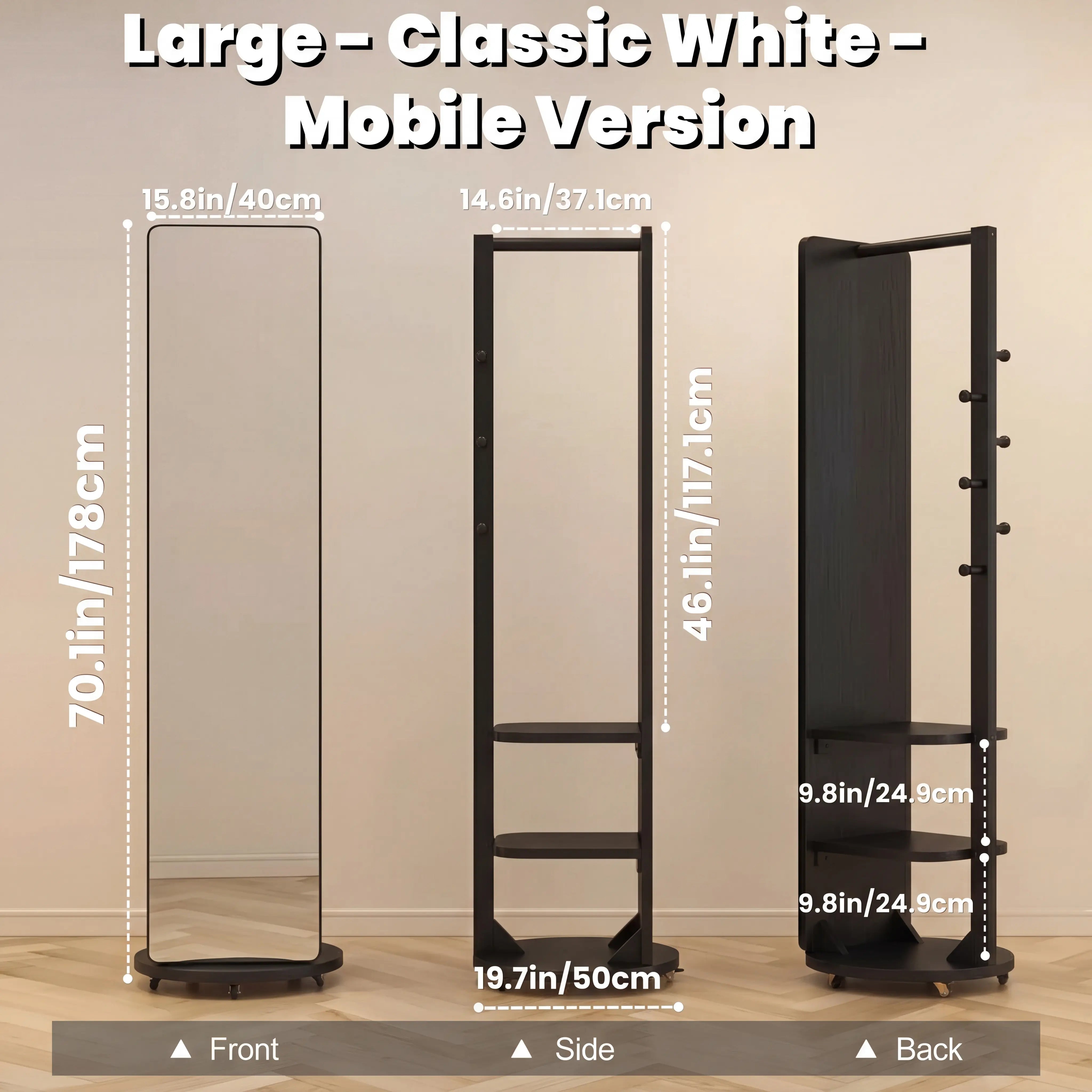 Full - Length Mirror with Storage, Clothing Rack & Wheels - iKaslandi