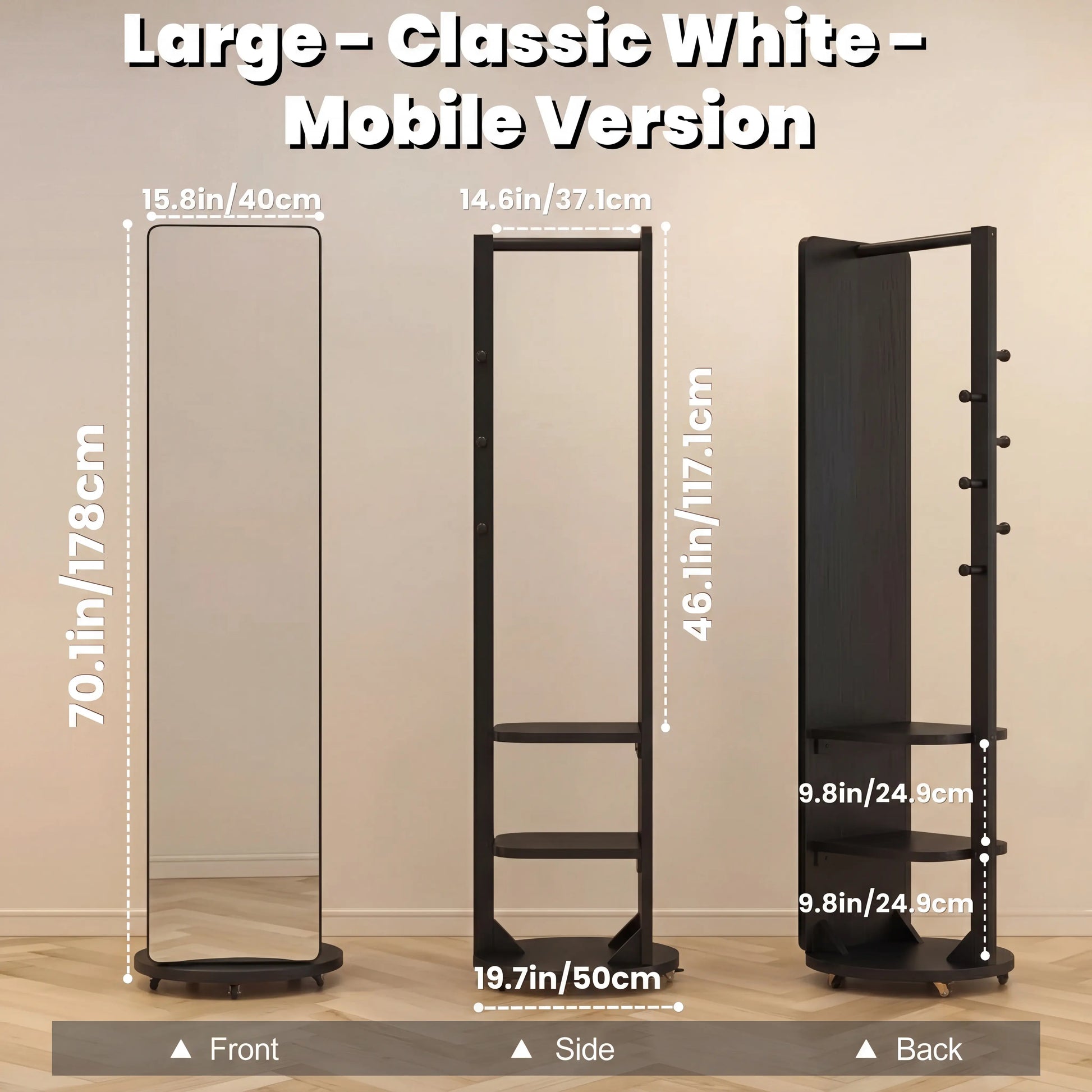 Full - Length Mirror with Storage, Clothing Rack & Wheels - iKaslandi