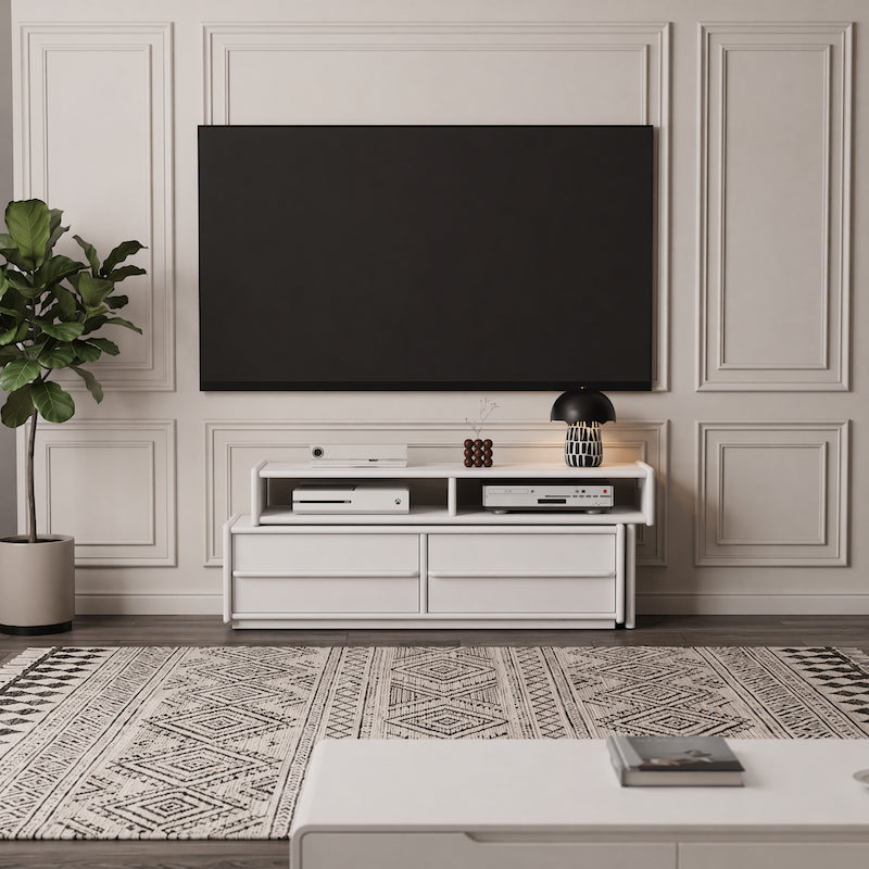 Extendable Solid Wood TV Stand with Drawers & Open Shelves — Fits 42