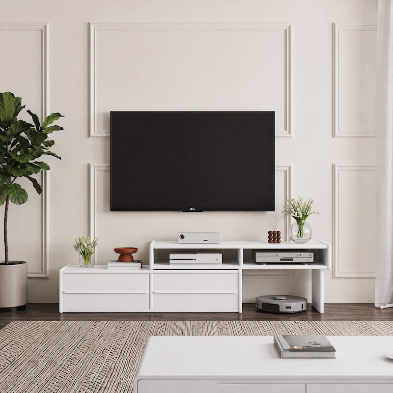 Extendable Solid Wood TV Stand with Drawers & Open Shelves — Fits 42