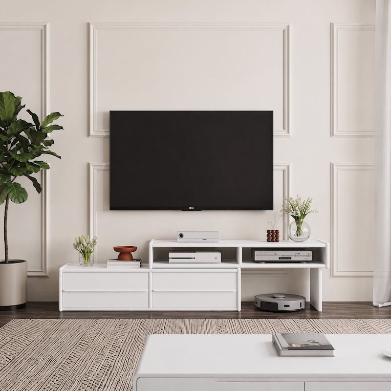 Extendable Solid Wood TV Stand with Drawers & Open Shelves — Fits 42"-90" TVs - iKaslandi