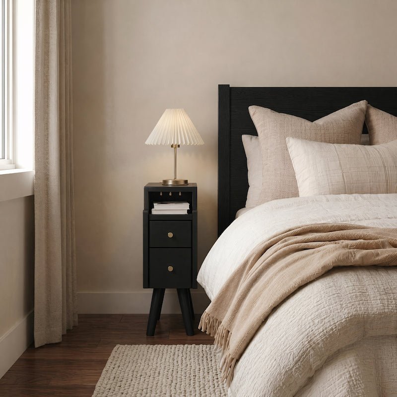 Solid wood classic minimalist nightstand with 2 drawers and an open shelf - iKaslandi