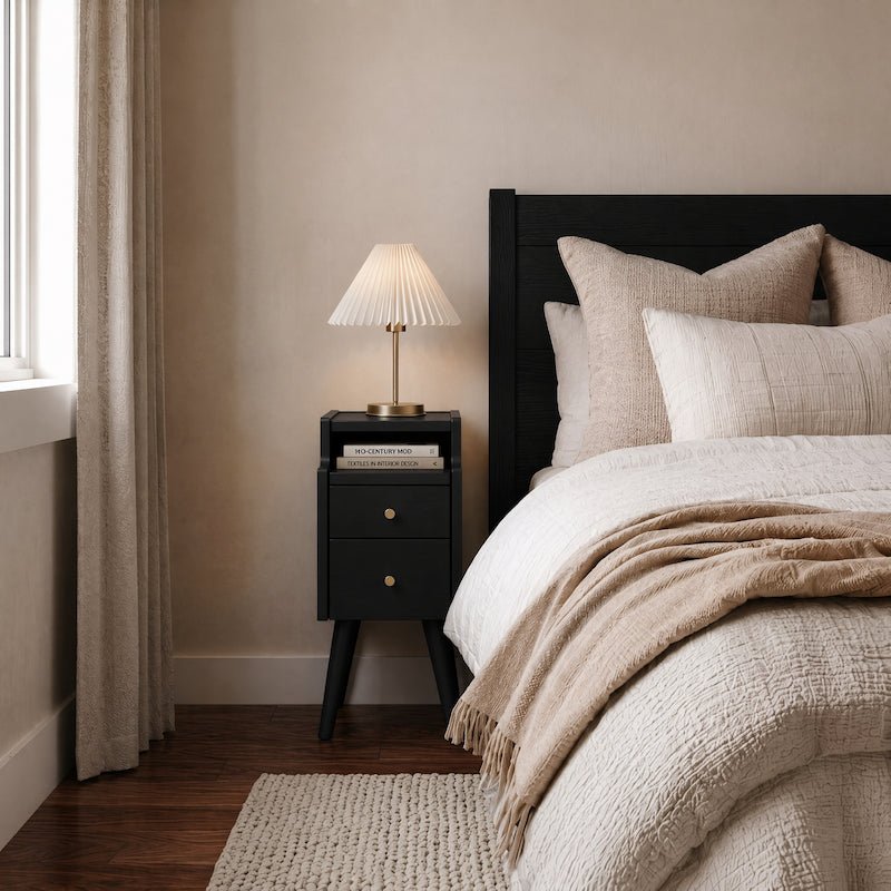Solid wood classic minimalist nightstand with 2 drawers and an open shelf - iKaslandi