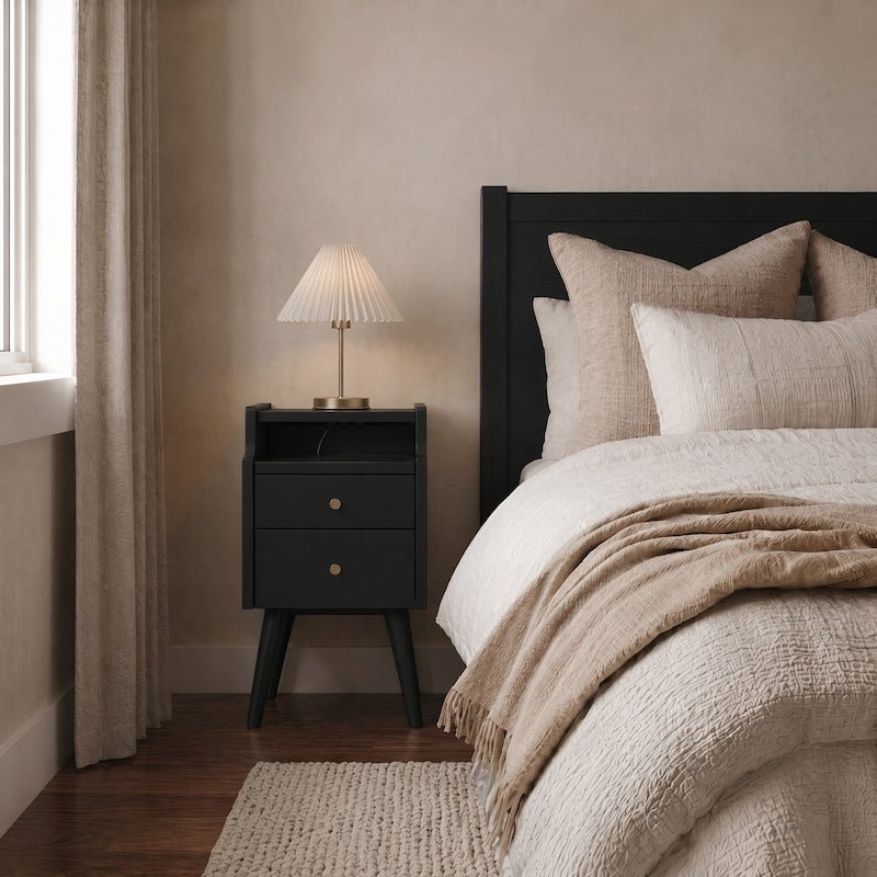 Solid wood classic minimalist nightstand with 2 drawers and an open shelf - iKaslandi