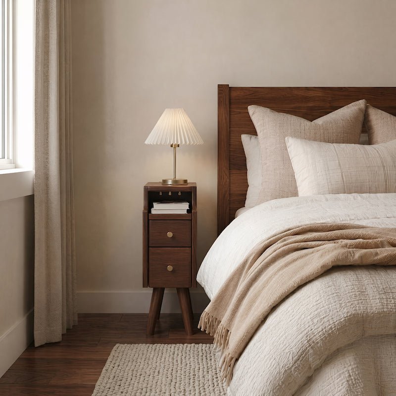 Solid wood classic minimalist nightstand with 2 drawers and an open shelf - iKaslandi