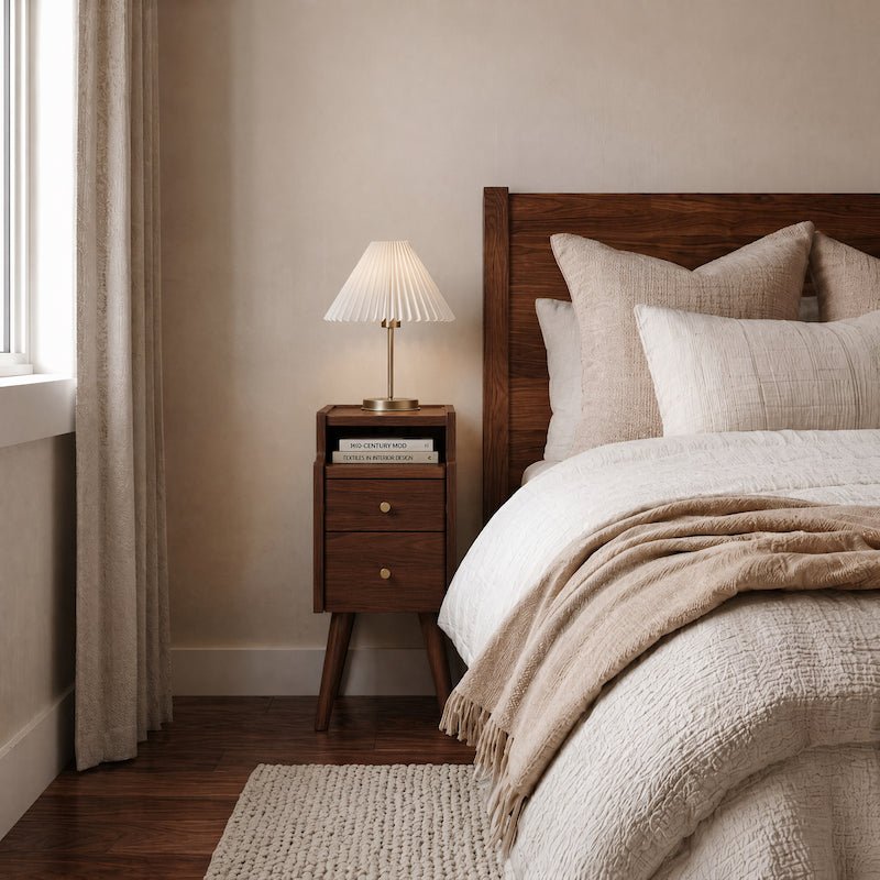 Solid wood classic minimalist nightstand with 2 drawers and an open shelf - iKaslandi