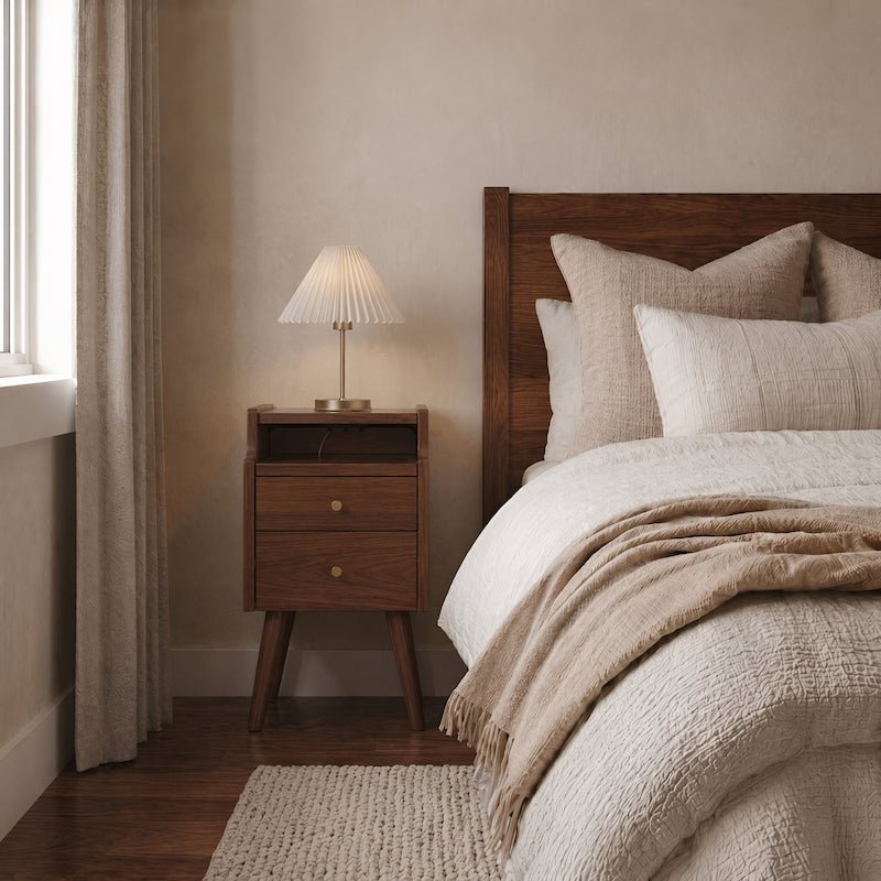 Solid wood classic minimalist nightstand with 2 drawers and an open shelf - iKaslandi