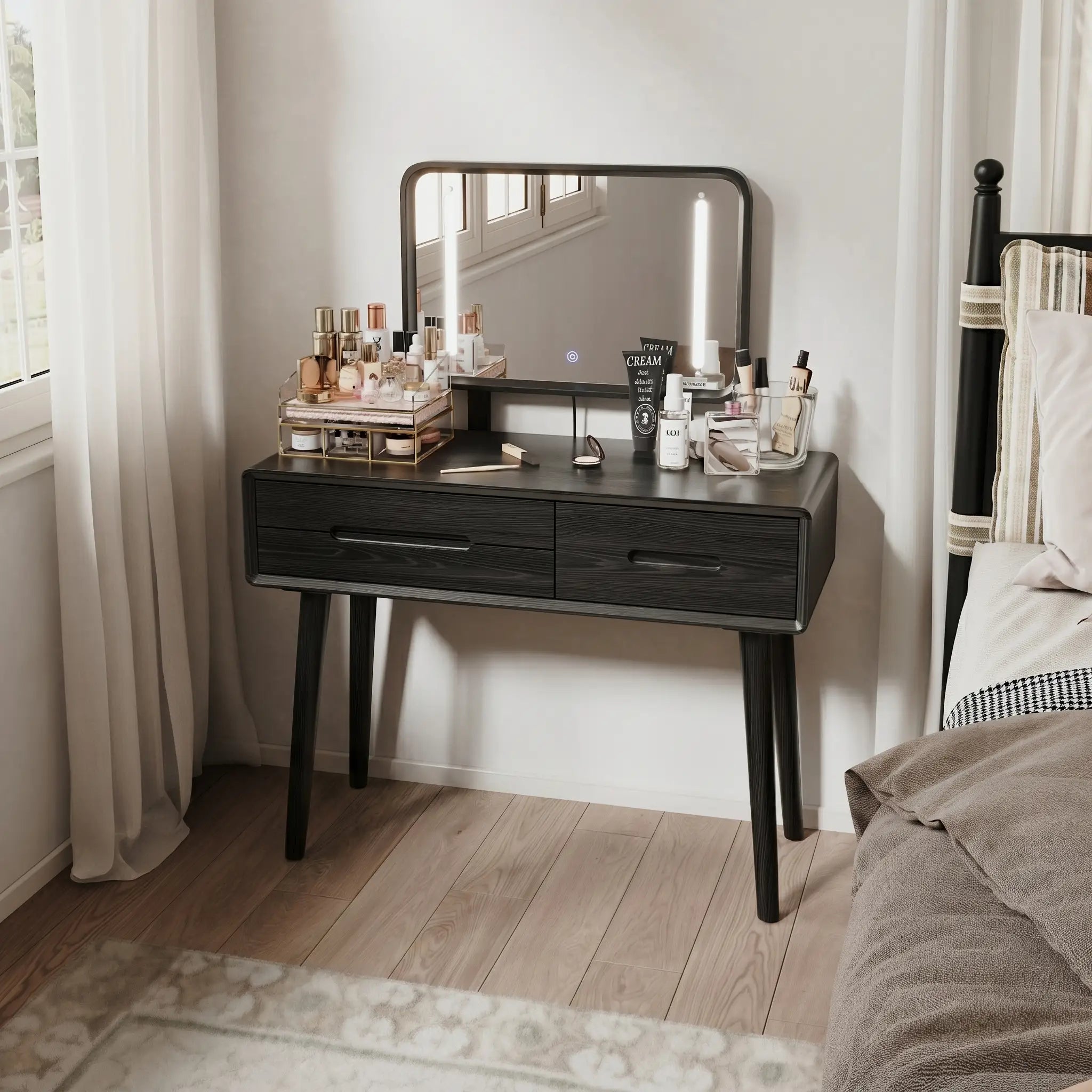 Solid Wood Vanity Desk with Detachable Lighted Mirror | Converts to Writing Desk - iKaslandi