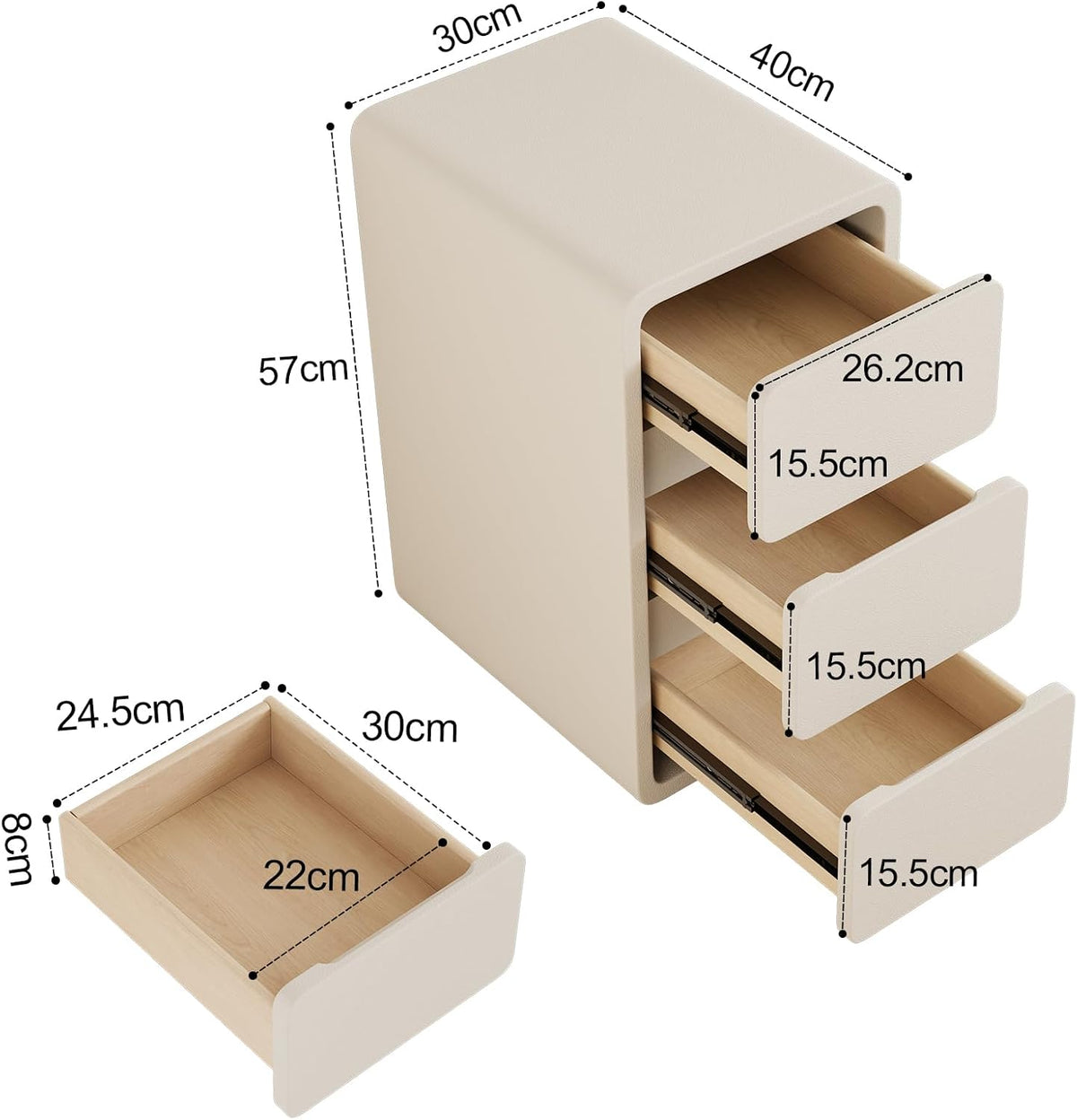 Narrow Bedside Table with 2 or 3 Drawers, Solid Wood Body and Leather-Coated Surface, Pre-Assembled - iKaslandi