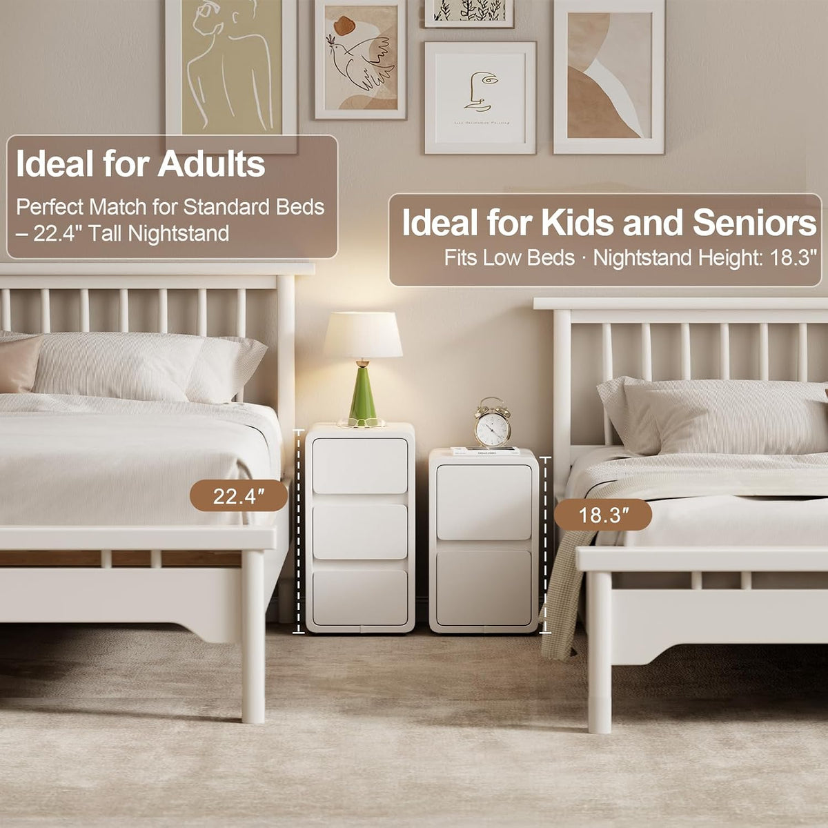 Narrow Bedside Table with 2 or 3 Drawers, Solid Wood Body and Leather-Coated Surface, Pre-Assembled - iKaslandi