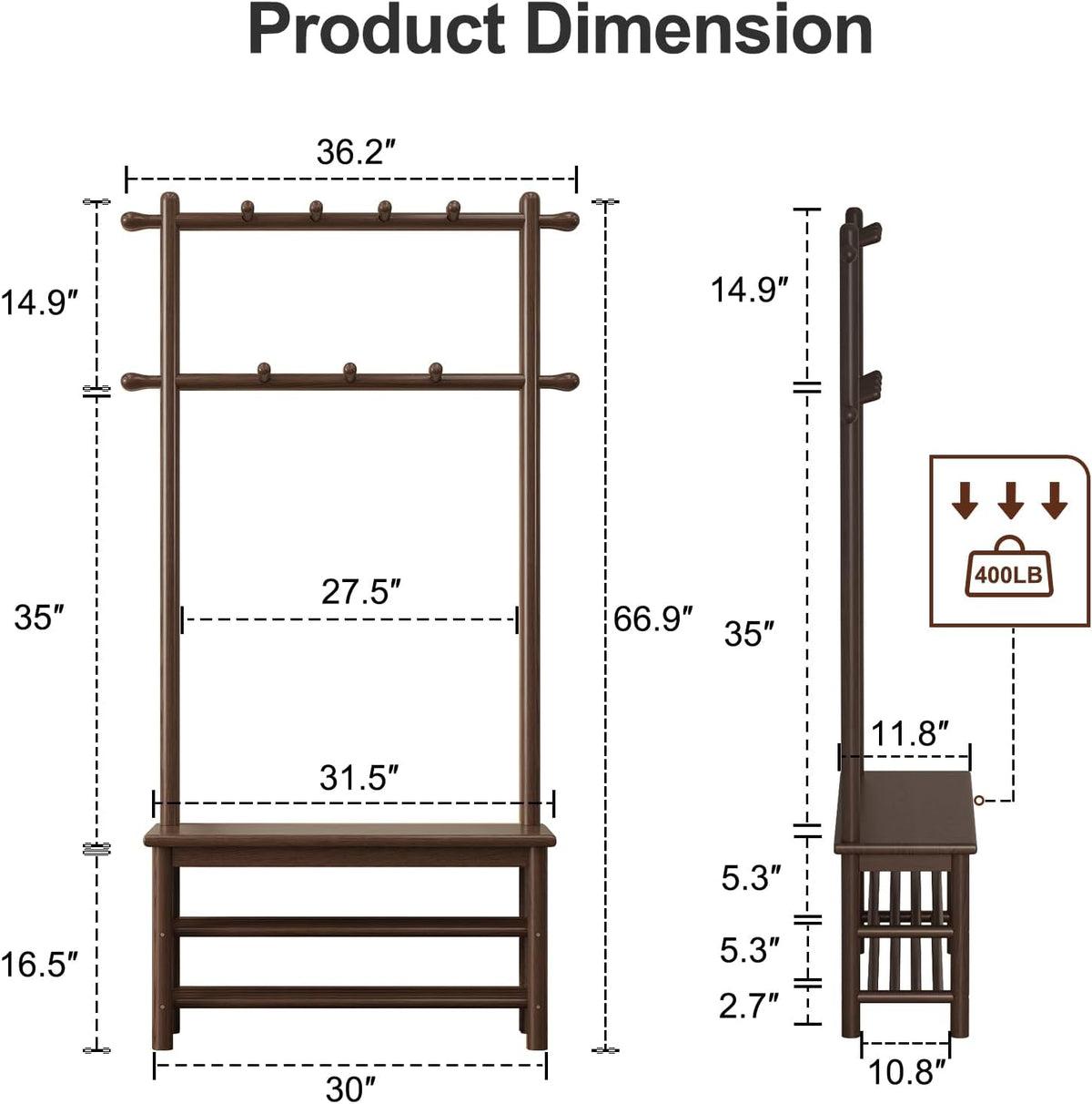 Wooden Hall Tree with Bench and Shoe Storage, 3-in-1 Entryway Coat Rack with 11 Hooks - iKaslandi