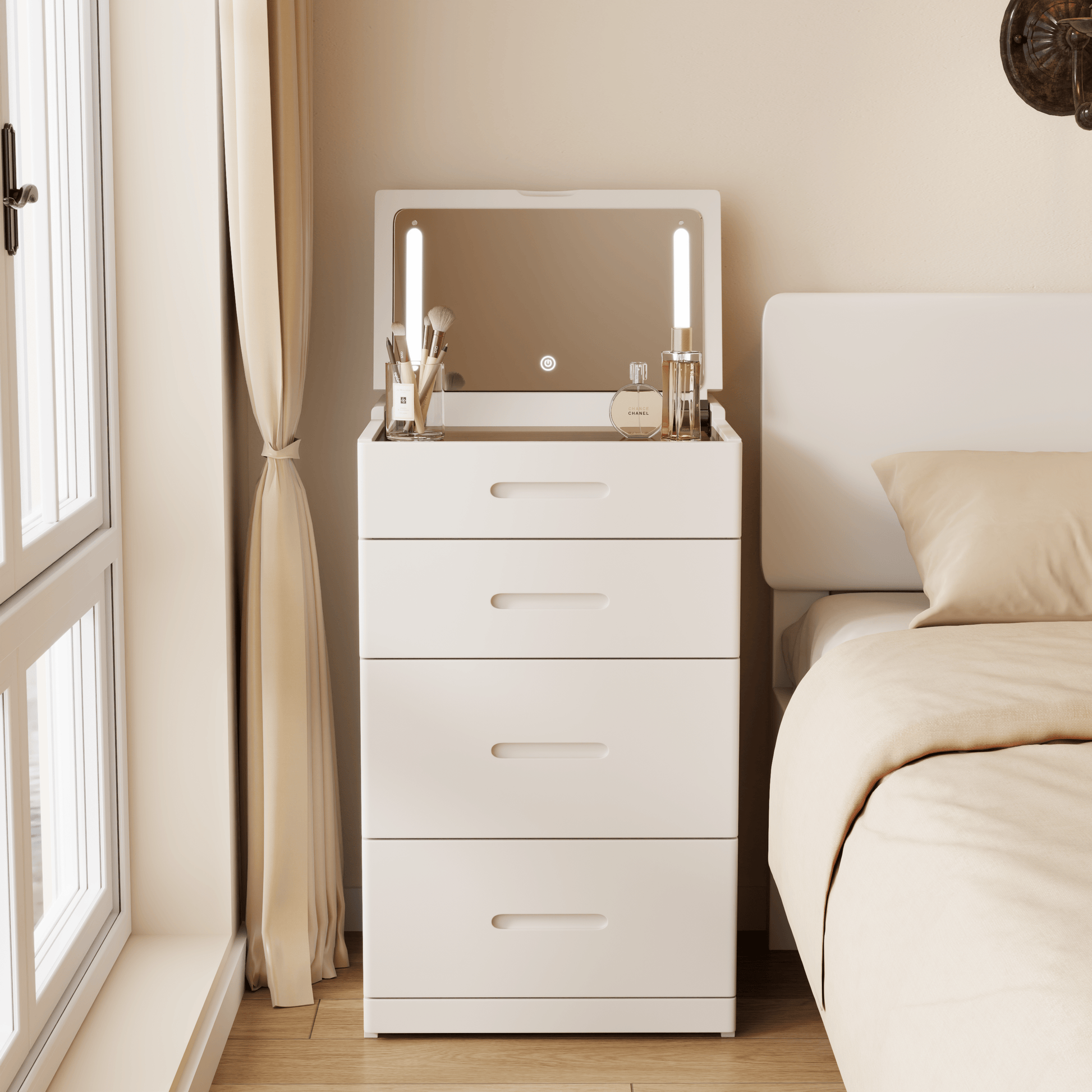 Solid Wood LED Vanity Desk with Chair, Space Saving Makeup Table - Kaslandi Furniture