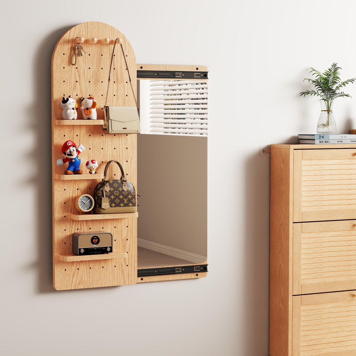 Wooden Full Length Wall Mirror with Pegboard Shelf and Hooks