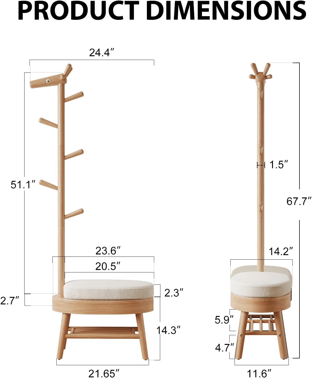 Rubberwood Shoe Bench with Coat Rack and 9 Hooks, Deer-Shaped Hall Tree - iKaslandi